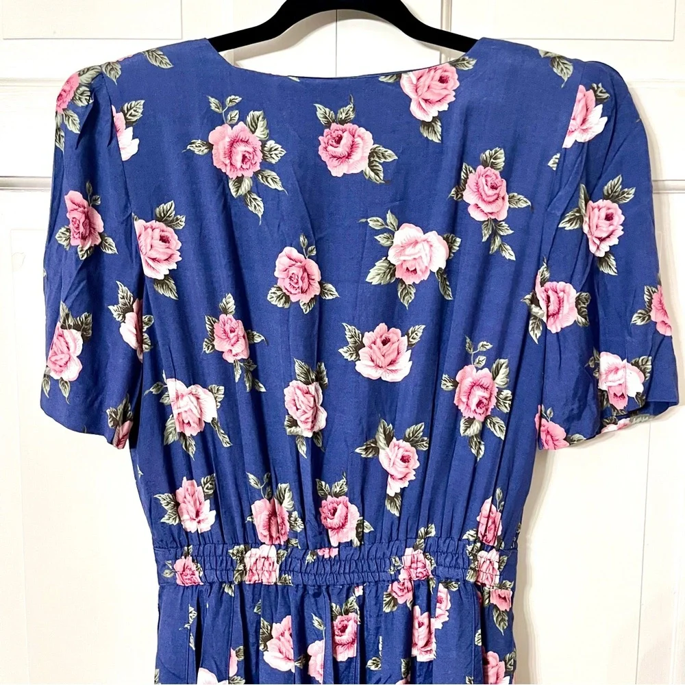 Vintage Plaza South Pleated Pearl Button Floral Dress Cottagecore Blue Pink Sz 6